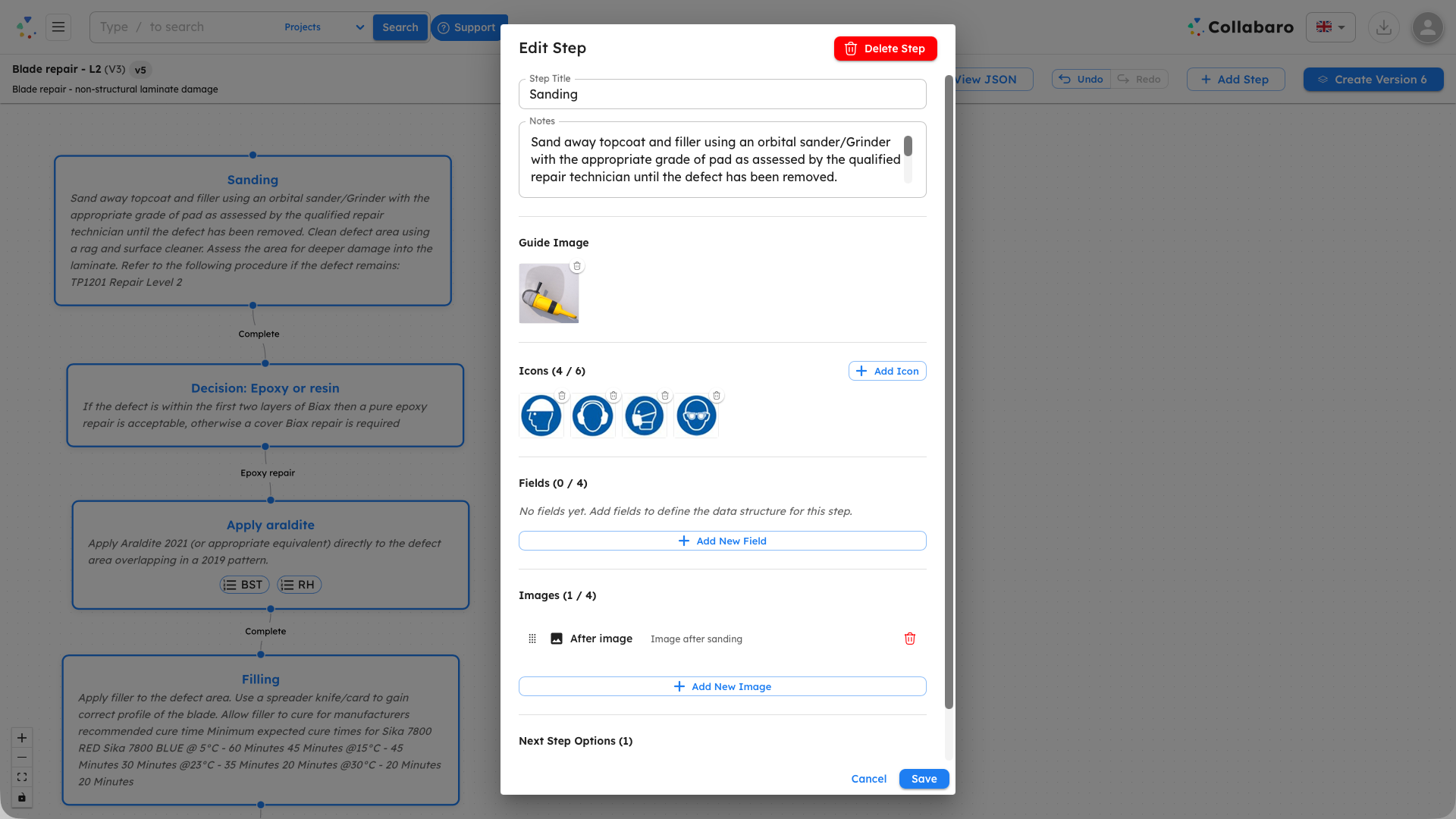 Collabaro Desk — the SmartTask workflow designer showing a blade repair procedure with guided steps, safety icons and decision points